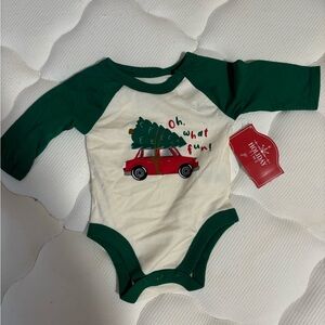 Holiday Time Cream and Green Baby Graphic Bodysuit with Red Accent